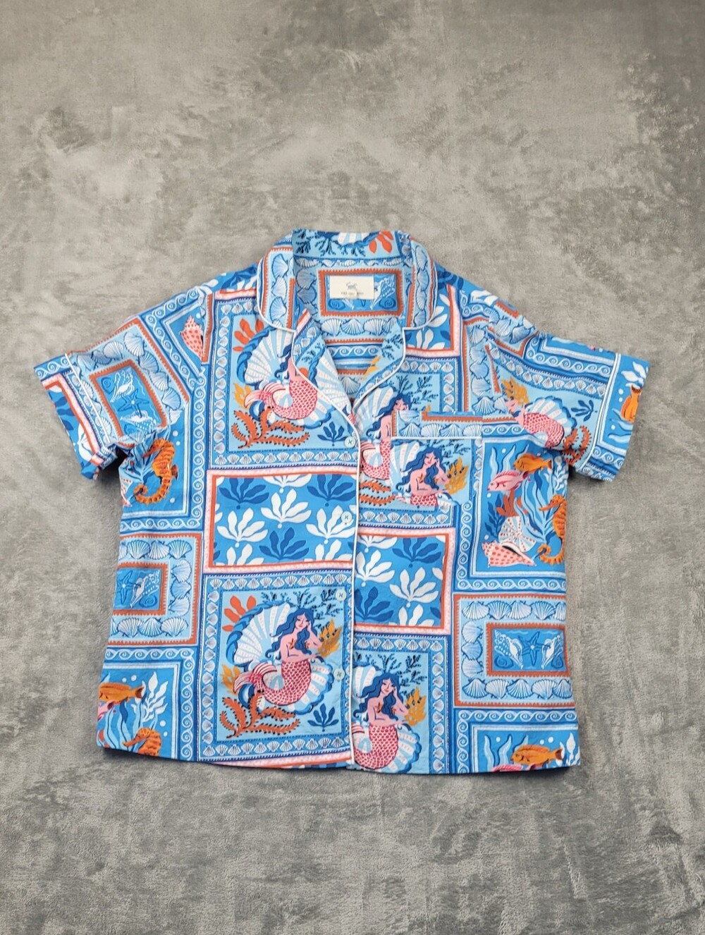 Printfresh Women L Mermaid Pajama Top Blue Organic Cotton Coastal Maximalist PJ
